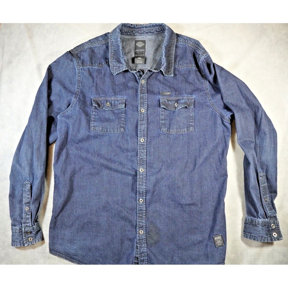 Harley Davidson Shirt Mens XL Blue Long Sleeve Denim HDMC Casual Button Up